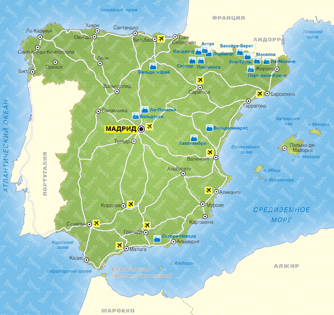 Курорты Испании на карте