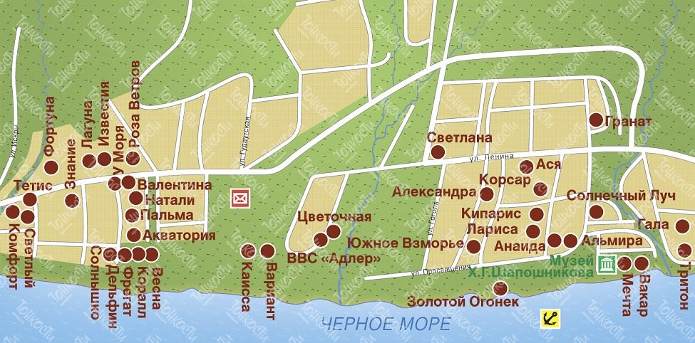 Карта Адлера — подробная карта отелей, пляжей и туристических объектовАдлера (Россия) на русском