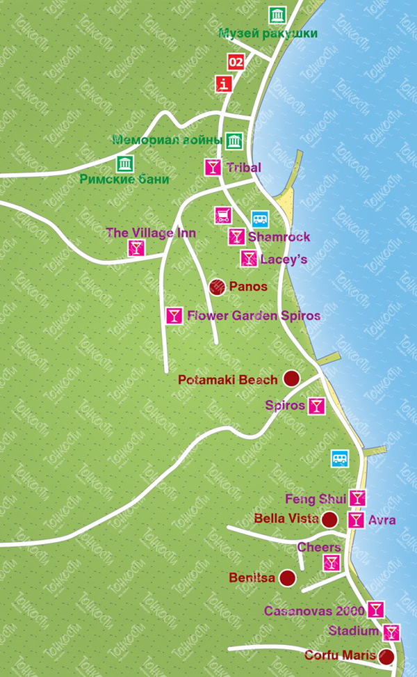 Карта Корфу — подробная карта отелей, пляжей и туристических объектов ... Корфу Палеокастрица