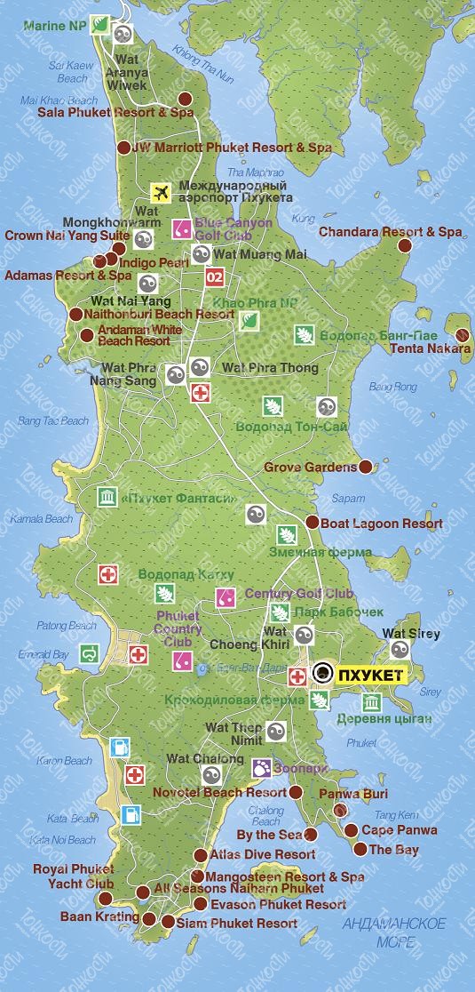 Карта Пхукета — подробная карта отелей, пляжей и туристических объектовПхукета (Таиланд) на русском