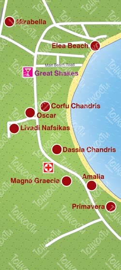 Карта Корфу — подробная карта отелей, пляжей и туристических объектов ... Корфу Палеокастрица