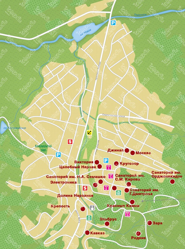 Карта Ки��ловодска — подробная карта отелей и туристических объектовКисловодска (Россия) на русском