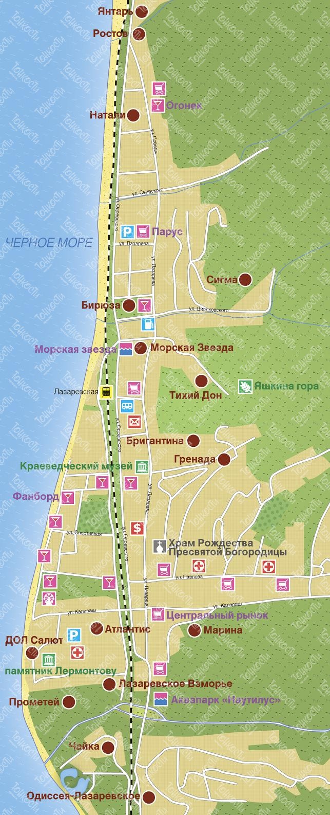 Карта Лазаревского — подробная карта отелей, пляжей и туристическихобъектов Лазаревского (Россия) на русском