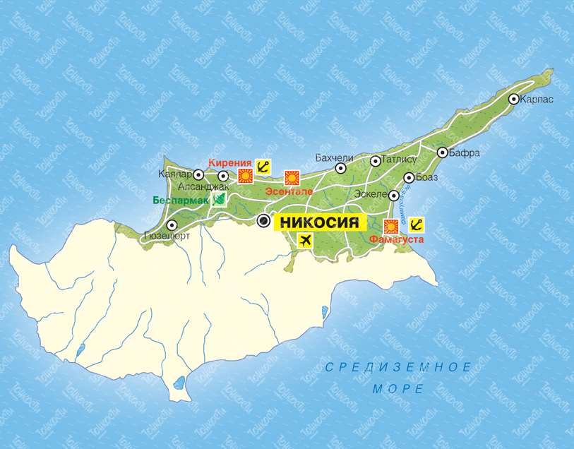 Карты Северного Кипра на русском языке: дороги, города и курорты на картеСеверного Кипра