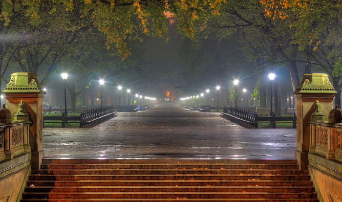 Центральный парк Нью-Йорка туманной ночью