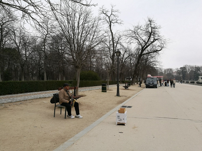 Уличный музыкант в парке Буен-Ретиро в Мадриде
