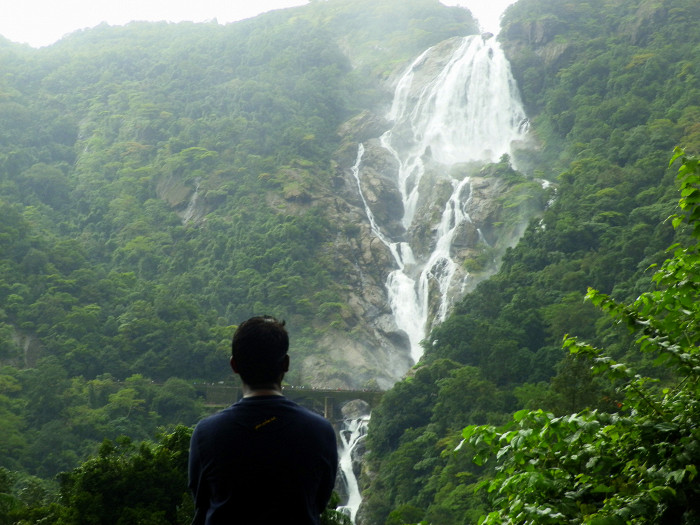 Турист, наблюдающий за водопадом Дудхсагар, Индия