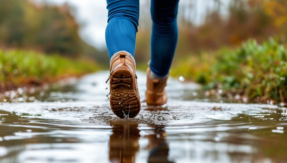 Девушка бегает по лужам, ноги в ботинках