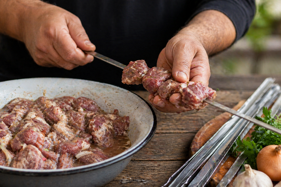 Мужчина насаживает шашлык на шампур