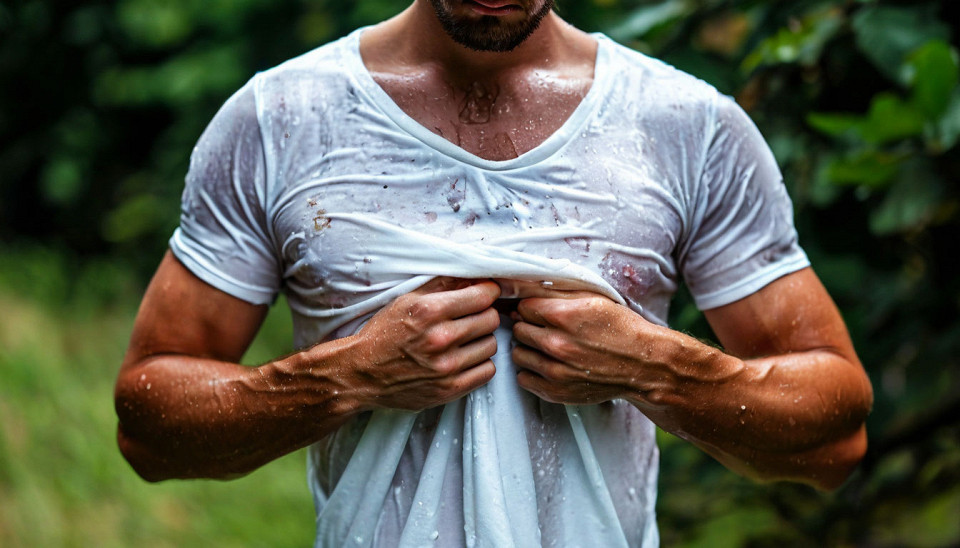 Парень в мокрой футболке