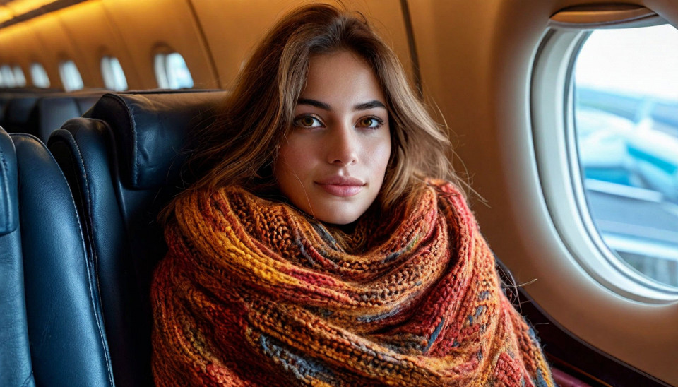 Девушка в теплом пледе в самолете