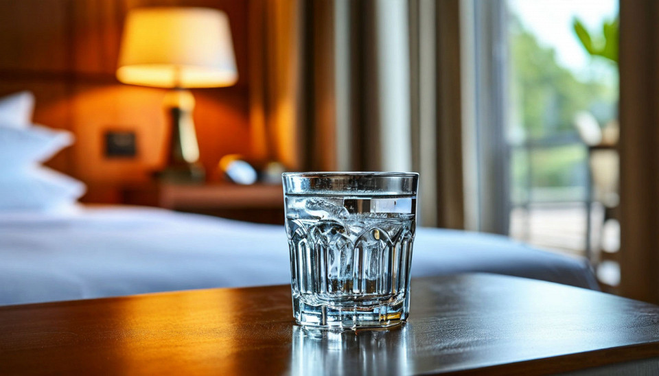 Стеклянный стакан в столице номера в отеле