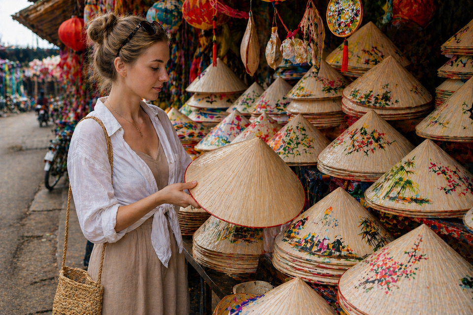 Девушка выбирает вьетнамскую шляпу нон ла на рынке во Вьетнаме