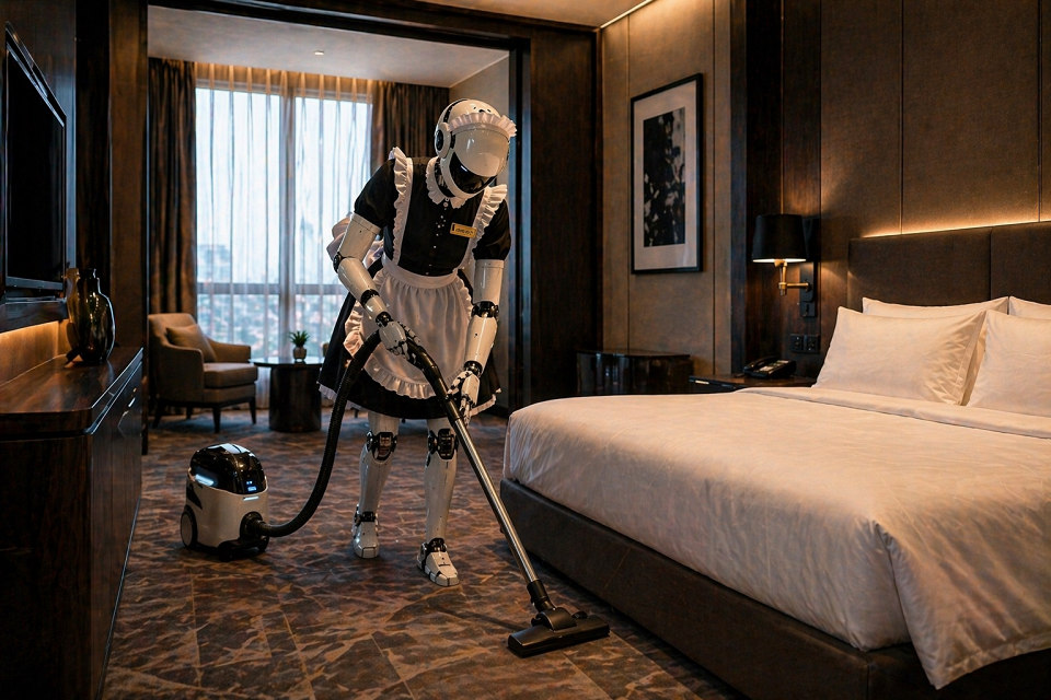 Робот-горничная пылесосит в номере отеля