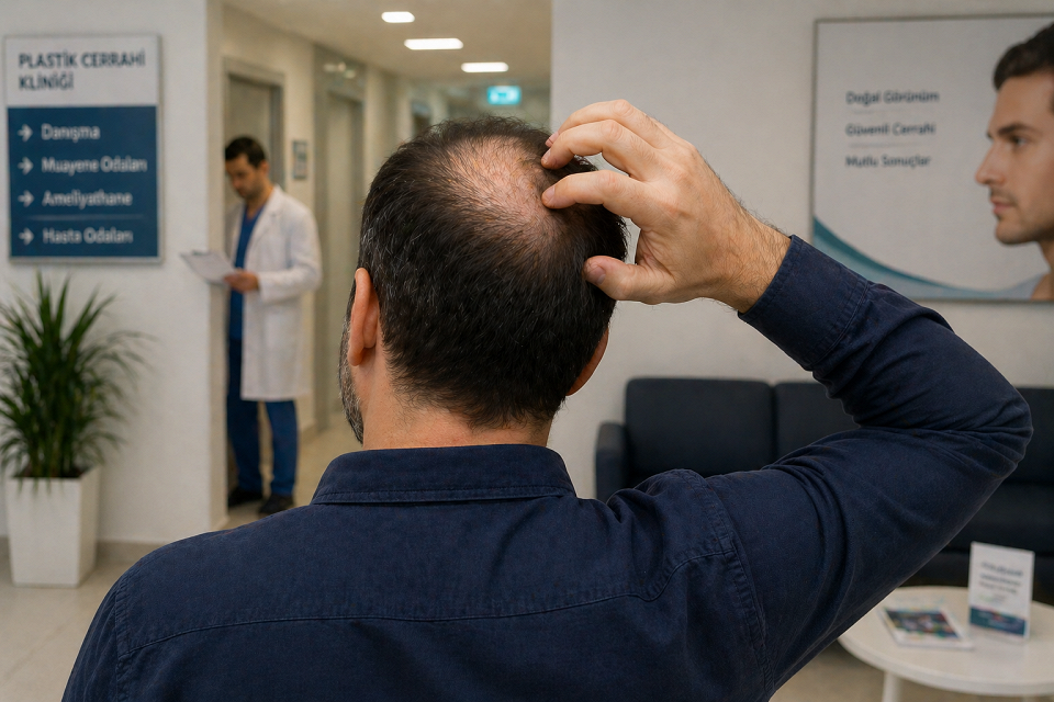 Мужчина с лысиной собирается сделать операцию по пересадке волос