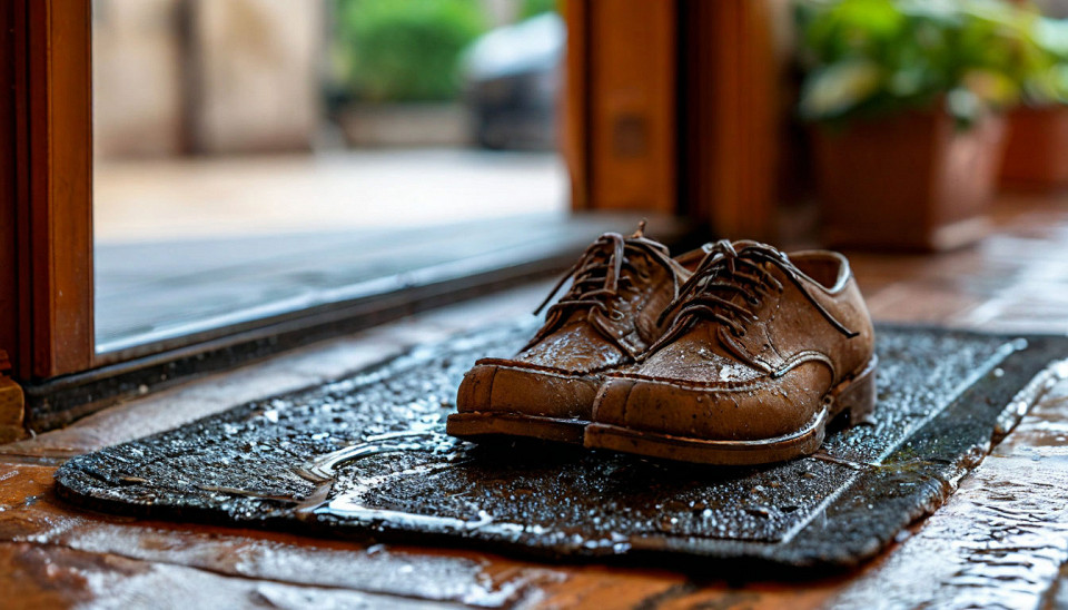 Мокрые ботинки на придверном коврике