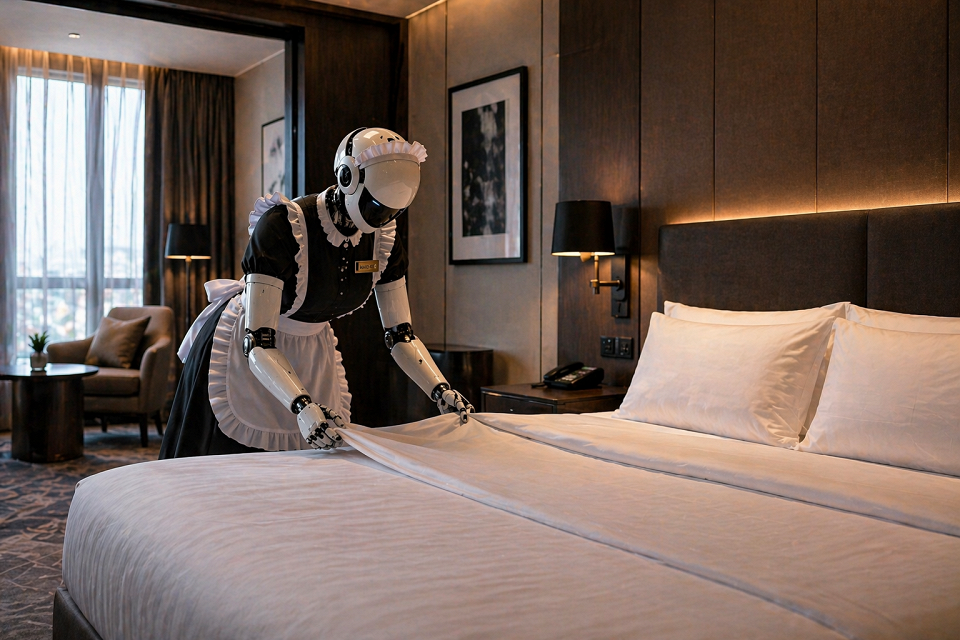 Робот-горничная заправляет постель в отеле 2