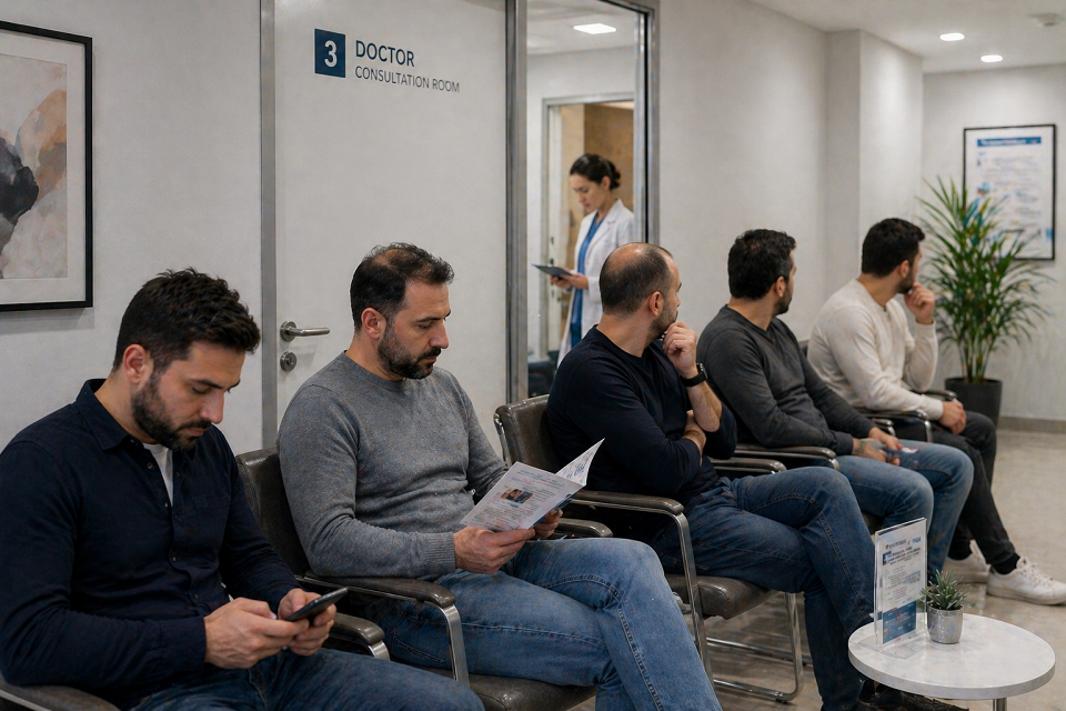 Мужчины в очереди к врачу