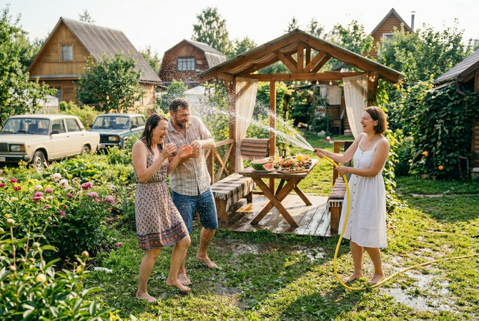 Отдых на даче, друзья поливают друг друга из шланга