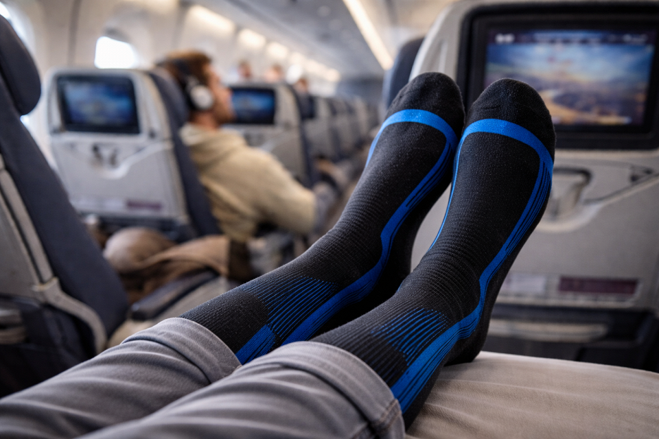 Ноги в компрессионных носках в самолете